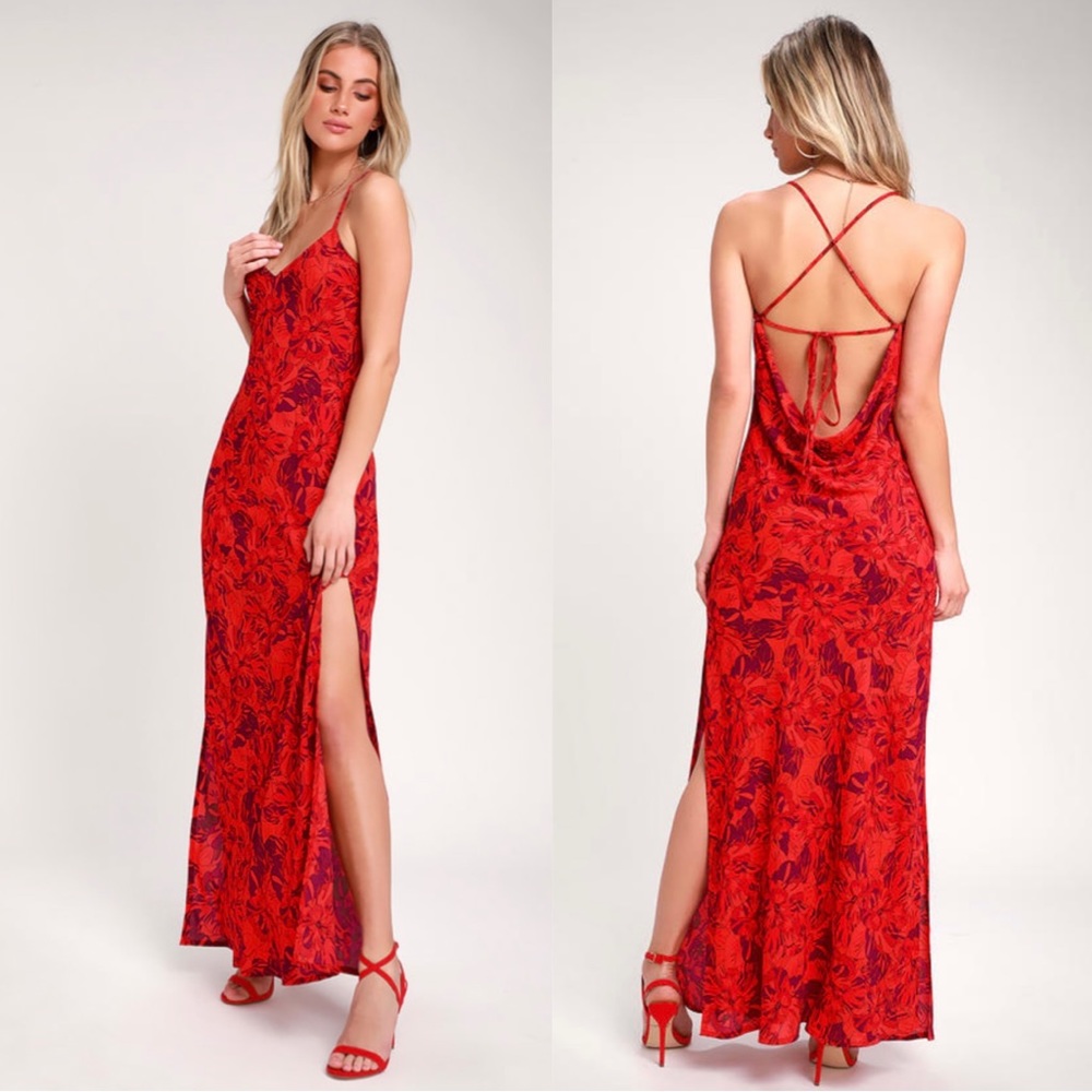 Lulu’s Sunset The Mood Red Floral Lace Up Maxi Dress Size Medium NWOT Wedding - Picture 1 of 15